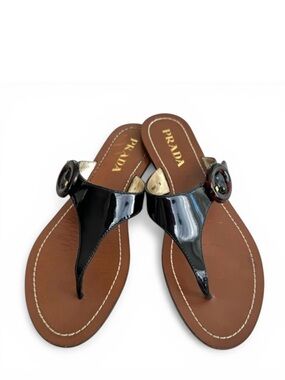 PRADA Black Patent Flat Sandals Leather Thong Slides Women’s 38